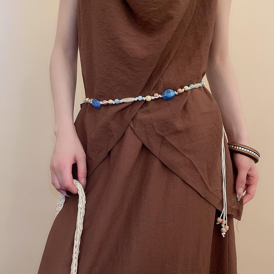 Vintage ethnic wind wood bead woven fringed waist chain bohemian belt clothing
