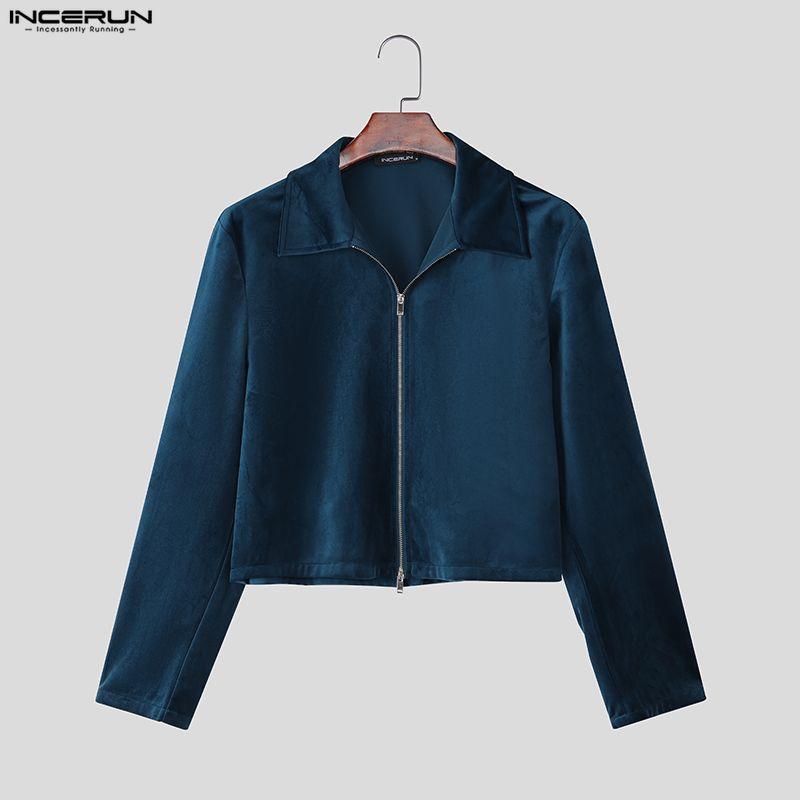 INCERUN Men Casual Lapel Neck Long Sleeve Zipper Up Velvet Jackets Coats