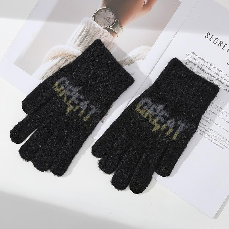 Touchable Screen New Autumn and Winter Men's Knitted Warm Gloves Cycling Cold Proof Letters Jacquard Cycling Fingers Five Fingers