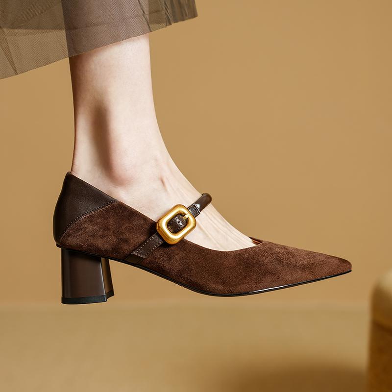 Fashion 2025 New Spring Women Pumps Genuine Leather Women Shoes Pointed Toe Shallow Buckle Strap Mary Janes Ladies Shoes Kid Suede
