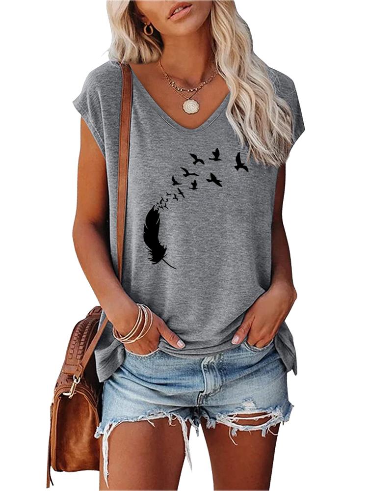 Women Print T-shirt Summer Fashion V Neck Short Sleeve Top Ladies Casual Tee Shirt