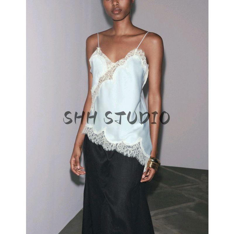 Summer New Women clothes Casual Style V-neck Asymmetric Hem Lace Decorative Underwear Style Top 5919105