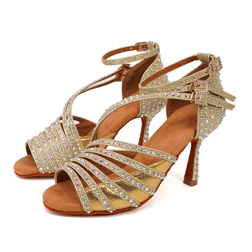 Women Latin Dance Shoes Shining Rhinestone Dancing Shoes Flare Heel 9cm Narrow Foot Adjust Width