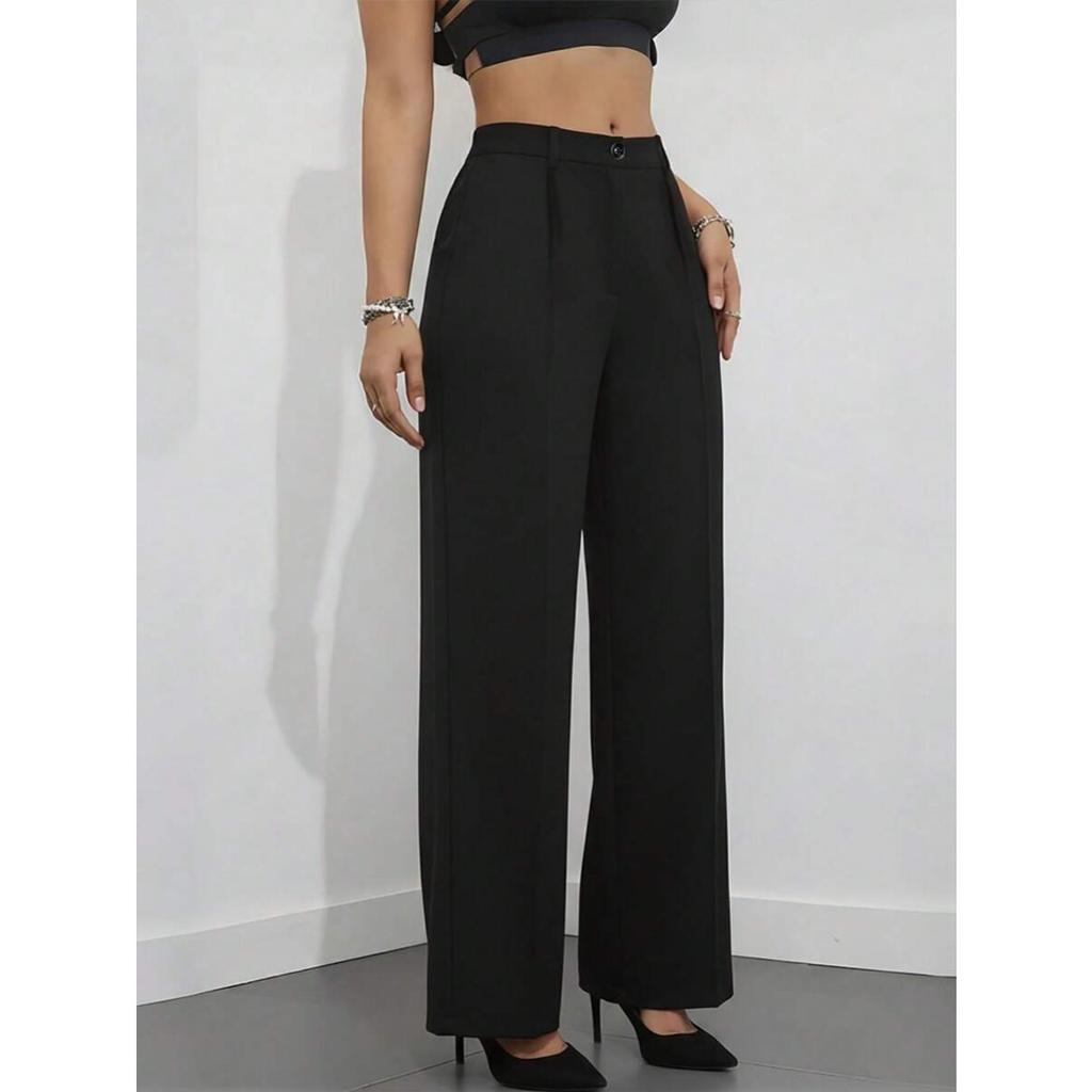Jednokolorowe spodnie casual, Damskie spodnie z wysokim stanem, plisowane, luźne, Spodnie do pracy