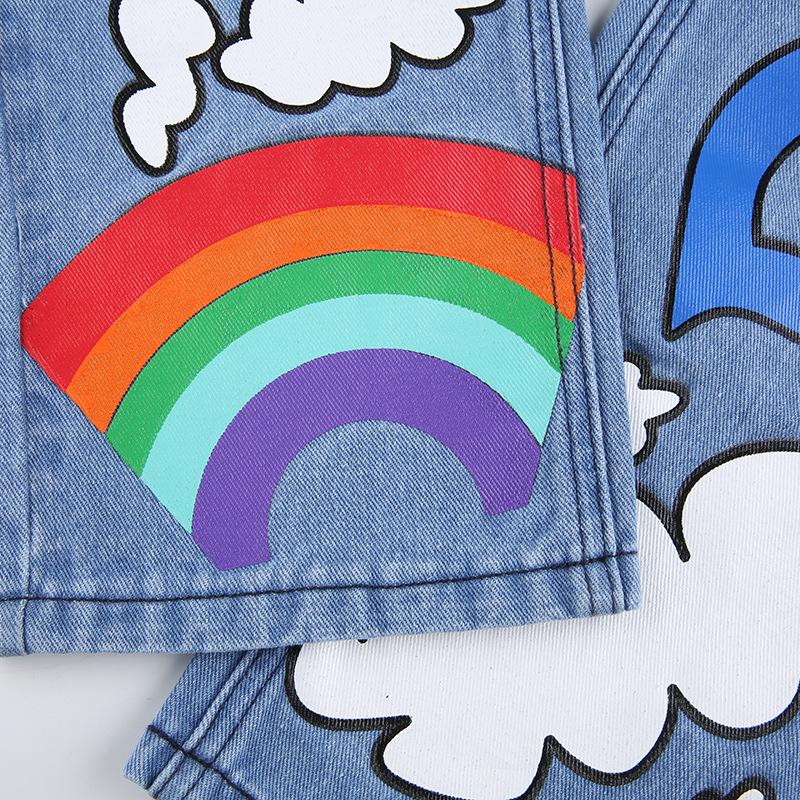 Trendy High-Waisted Loose Fit Printed Graffiti Women's Straight-Leg Jeans, Rainbow Denim Pants Loose Graffiti Printed