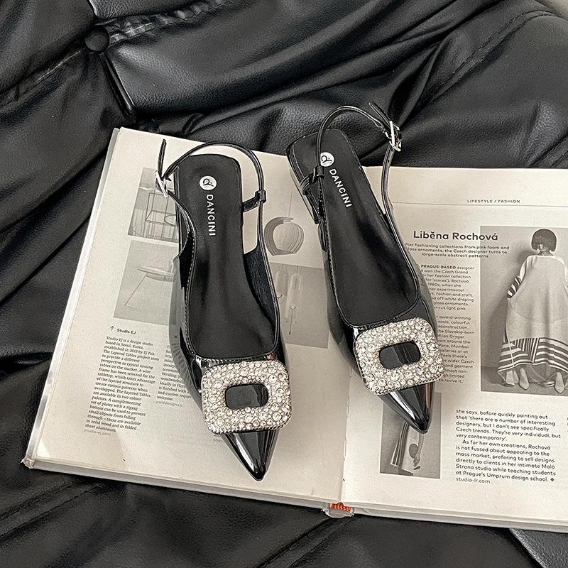 French Simple Temperament Rhinestone Square Buckle Pointed Sandals Women's 2025 Summer New Outer Wear with Skirt Fashion Shoes