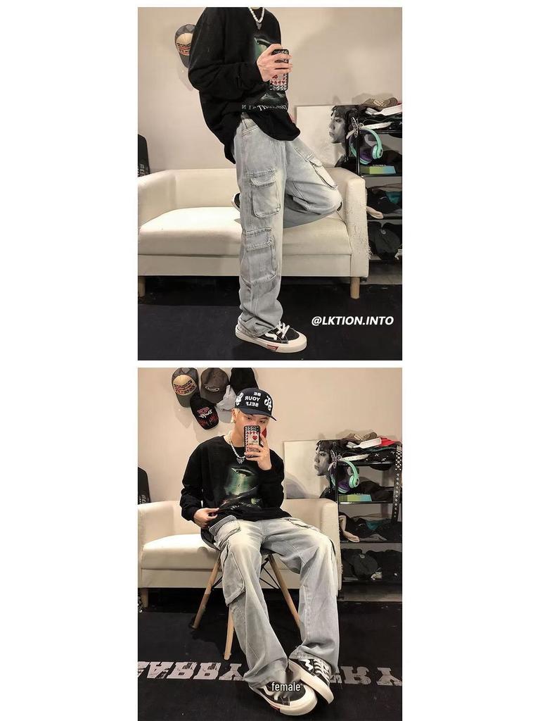 Men's Washed Denim Casual Pants – 2022 Autumn/Winter Hong Kong Style Overalls