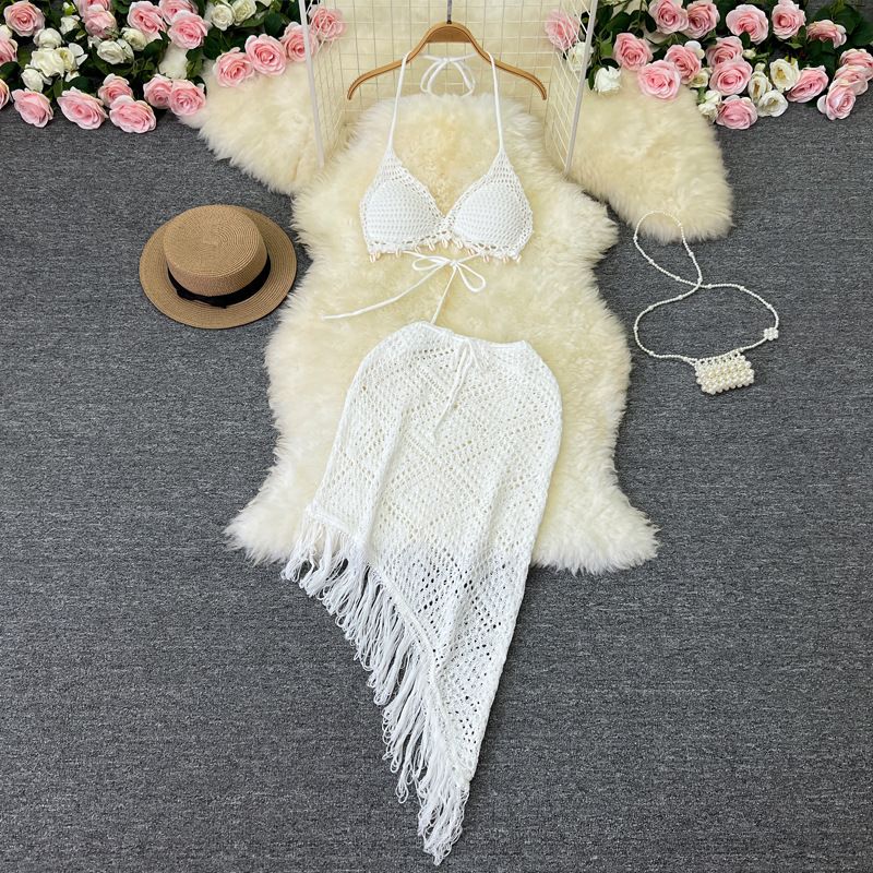 Vacation Style Suit Women's Stylish Bikini Halterneck Vest All-Matching Tassel Skirt Knitted Two-Piece