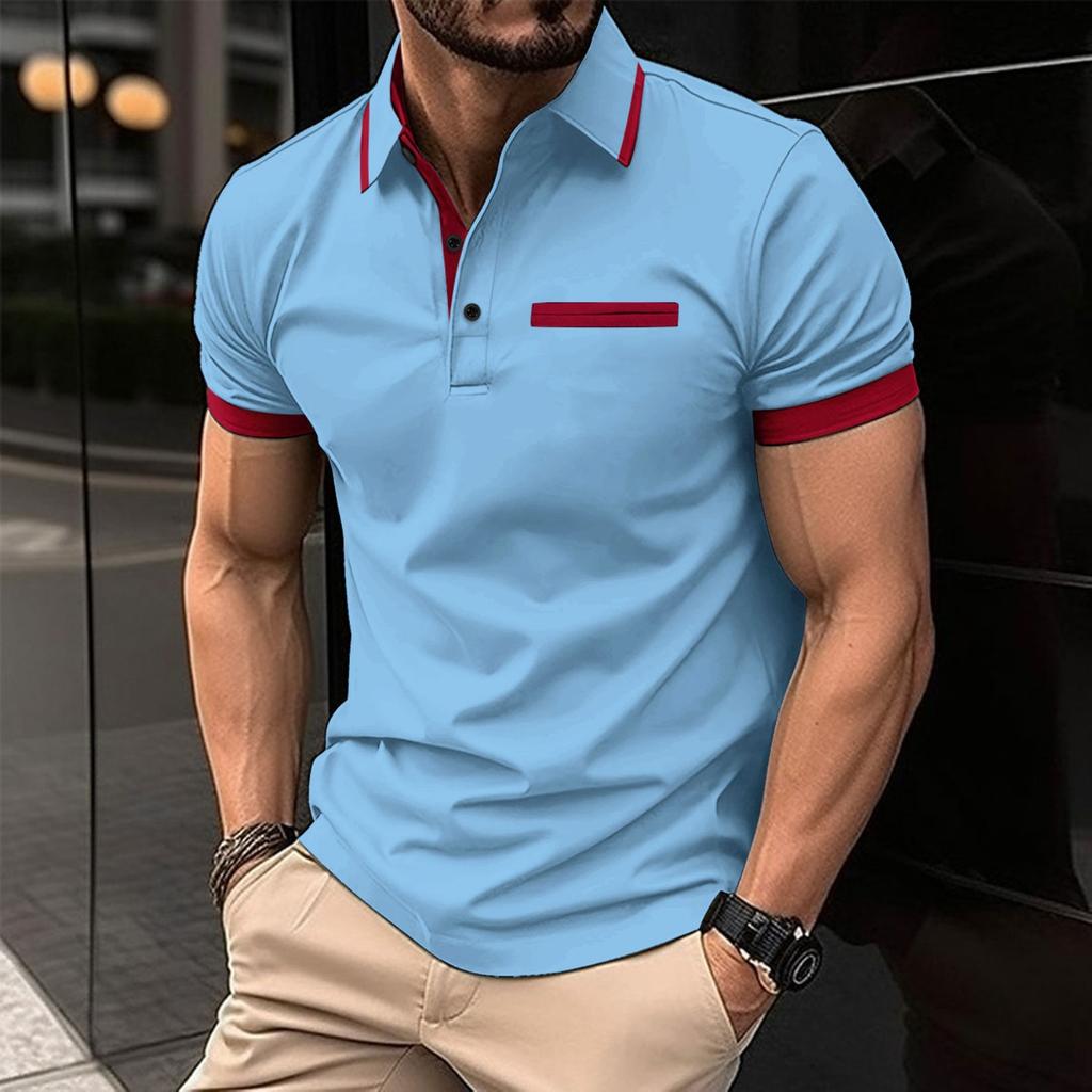 Fashion Men's Summer New Chest Fake Pockets Splicing Colour Blocking Casual Sports Polo Shirt Tops