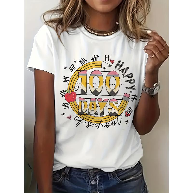 

[Graphic Print T-Shirt] Women s Casual Short-Sleeve Crew Neck T-Shirt with Graphic Print - Perfect for Summer And Spring S белый