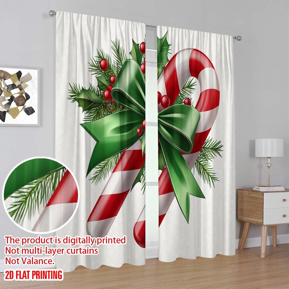 2Pcs,2D Plane Printing Creative Curtains Christmas Candy Cane Ribbon Berry (4) Polyester Woven (Without Rod) Versatile All Ldeal