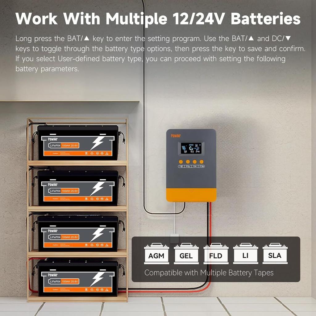 PowMr 25A/35A/45A MPPT Solar Charge Controller for 12V/24V Lithium Battery LCD Regulator 100VDC Soalr Panel Dual USB Controller
