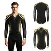 Sparkly Metallic Patchwork V Neck Bodysuit for Men Mesh Long Sleeve Rhinestone Leotard for Latin Ballet Figure Skating Gymnastics Training