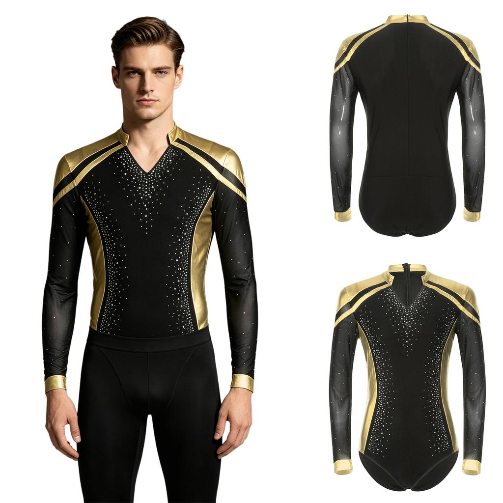Sparkly Metallic Patchwork V Neck Bodysuit for Men Mesh Long Sleeve Rhinestone Leotard for Latin Ballet Figure Skating Gymnastics Training