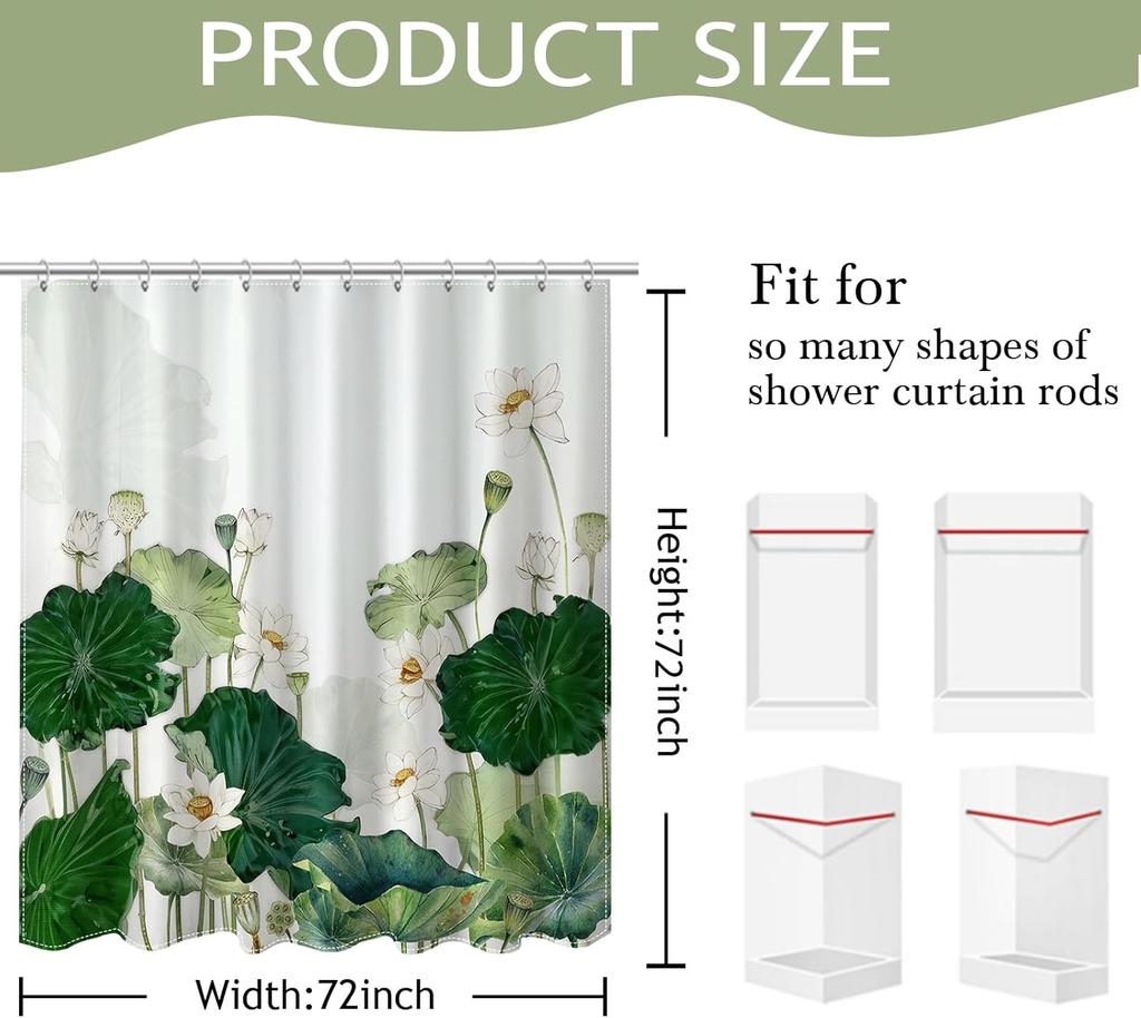Floral Shower Curtain with Green Leaves and White Water Lily, Spring Summer Watercolor Boho Style Bathroom Decor