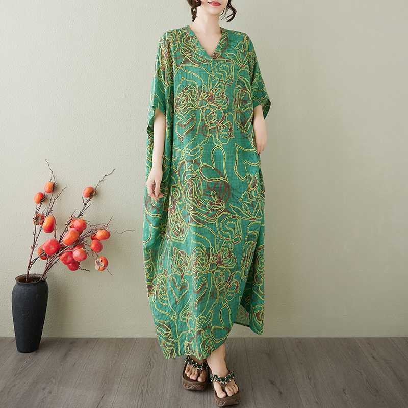 Vestido Largo Vintage para Mujer con Estampados de Algodón y Lino