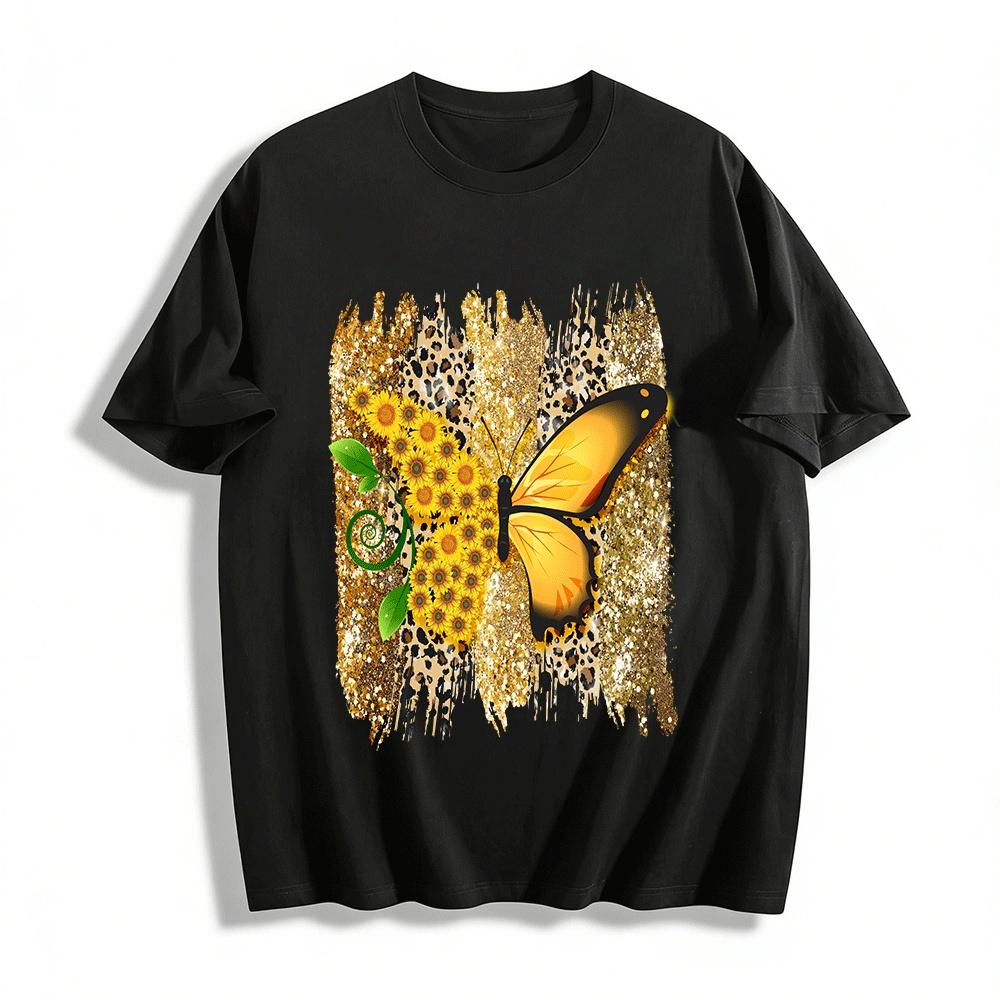 

Leopard Print Glitter Sunflower Butterfly Casual Top Pure cotton T-shirt XXS