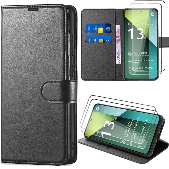 Coque - E.F.Connection - pour Xiaomi Redmi Note 13 Pro 5G - Antichoc - Cuir PU - Porte-cartes - avec 2 Verres Trempés
