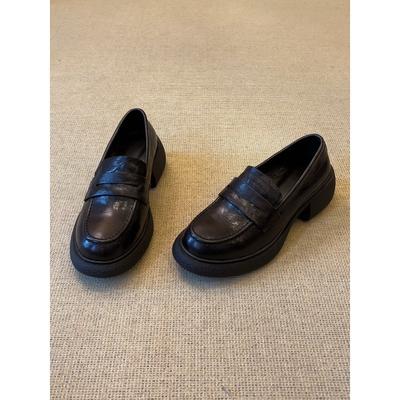 High-texture One-pedal Small Leather Shoes Retro Round Head Versatile Commuter Platform Loafers