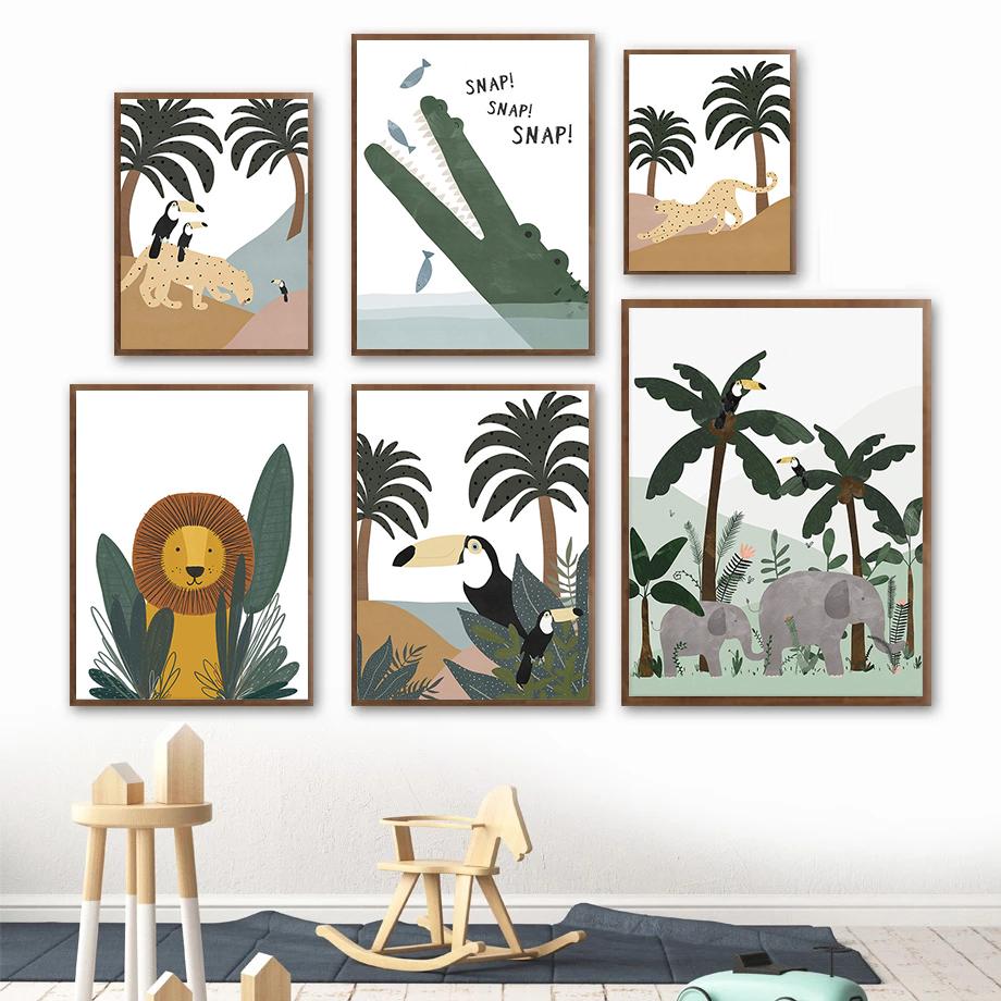 

Тропический лист, джунгли, животные, настенный плакат с принтом, лев, слон, птица, скандинавская настенная живопись на холсте для детей, декор для спальни