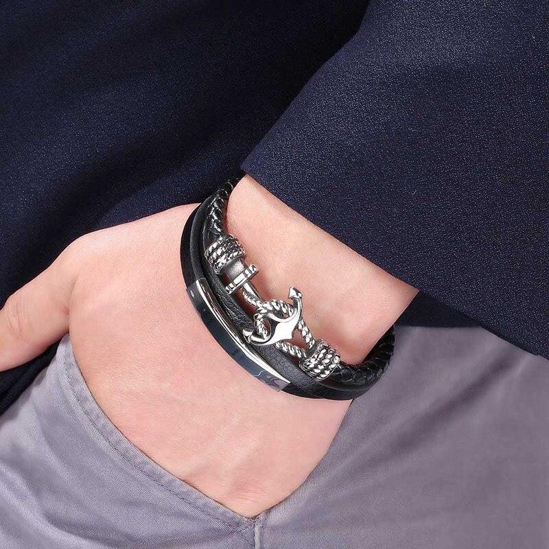 Bracciale in pelle multistrato nero con ancoraggio in acciaio inossidabile per uomo con chiusura magnetica con bottone vintage a treccia maschile gioielli BB1087