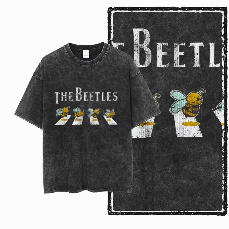 DE BEES Printed Acid Washed Cotton Exclusive Graphic Unisex T Shirt Cool Vintage Streetwear Men Tshirts Big Size Tee for Men