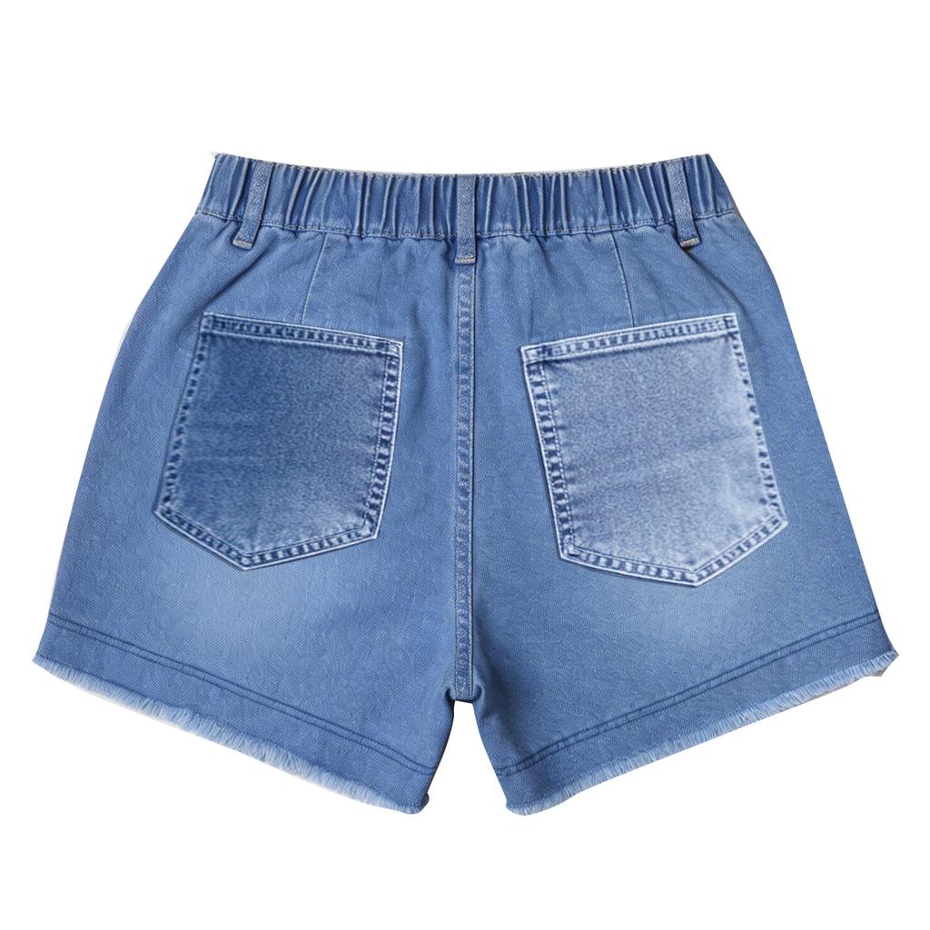 Pantaloncini di Jeans Casual da Donna con Coulisse in Vita Elastico Bordo Sfilacciato Usurato e Tasche per l'Uso Quotidiano