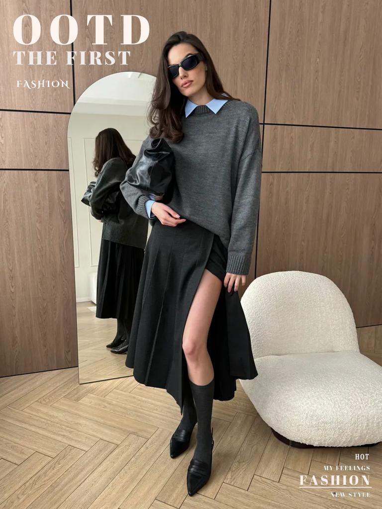 Crew neck pullover sweater, European & American 2025 autumn/winter slit solid color knit sweater, versatile warm casual sweater for women