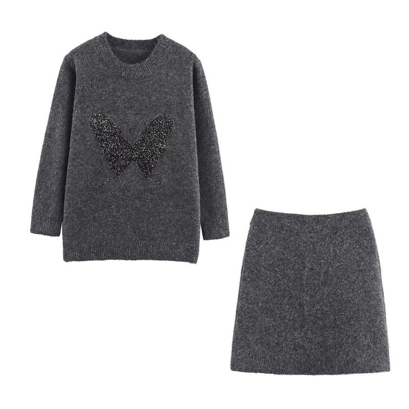 Kaslead New Women clothes Western Style Butterfly Bright Silk Jacquard round Neck Pullover Knit sweater Skirt Set