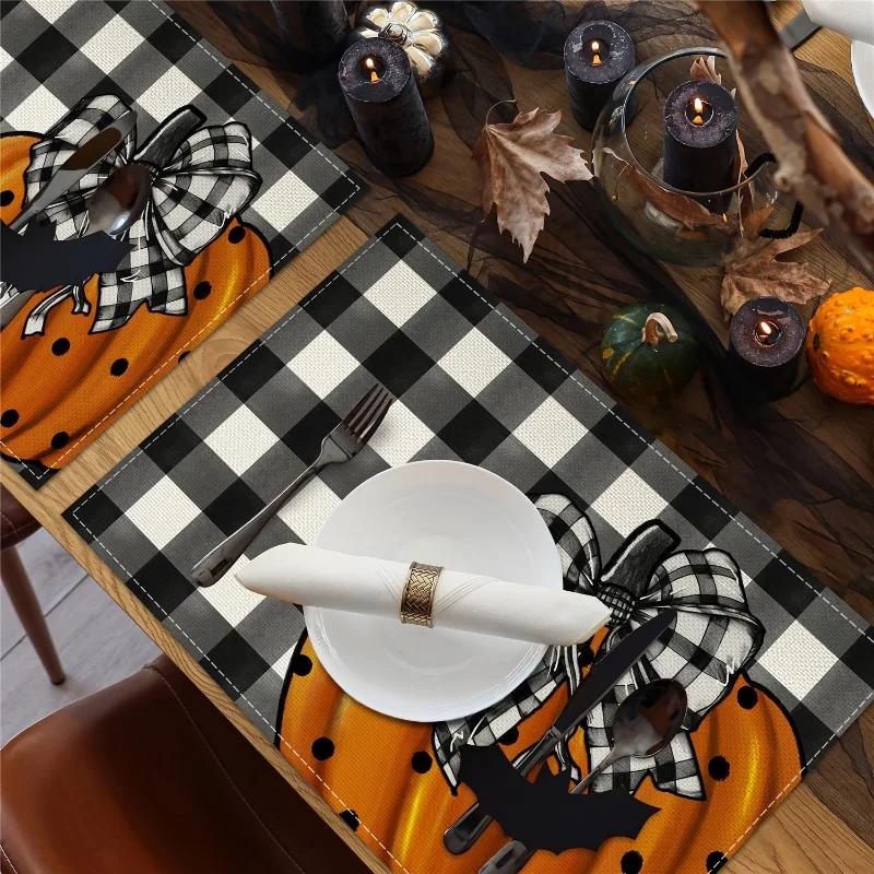 1 Stück schwarz-weiß karierte Schleife Kürbis Leinen Essensmatte Dekoration für Halloween Essensatmosphäre Tischsets Schützen Einen Schreibtisch