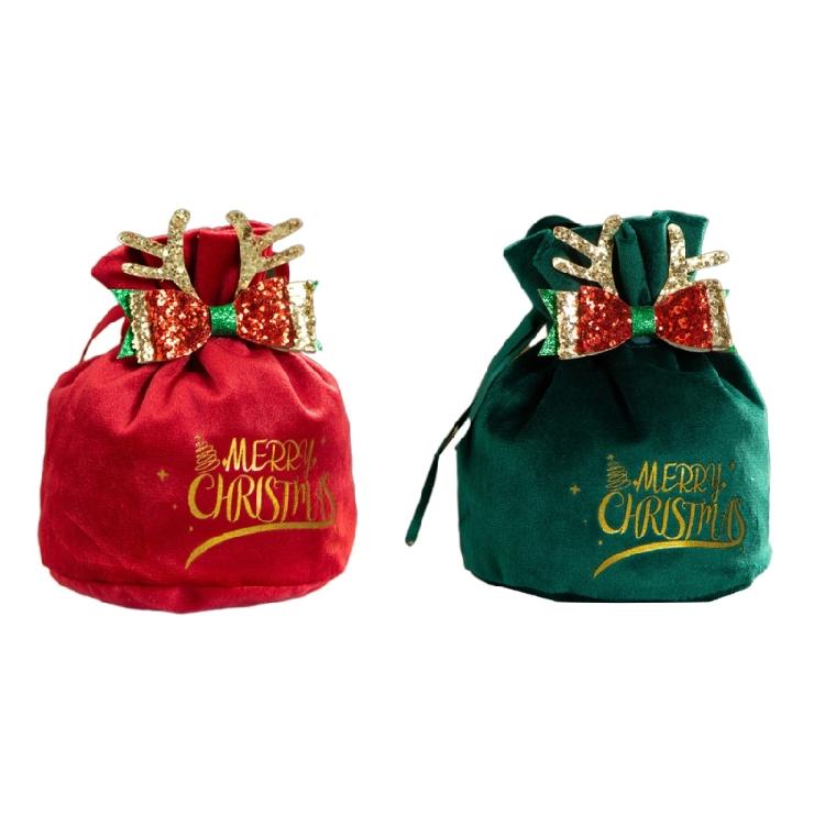 Christmas Velvet Cloth Gift Bag with Tie Ribbon Pouches Candy Biscuit Packaging