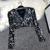 Women's Sequin Shrug Open Front Long Sleeve Cropped Bolero Jackets Sparkly Party Club Going Out Cardigan