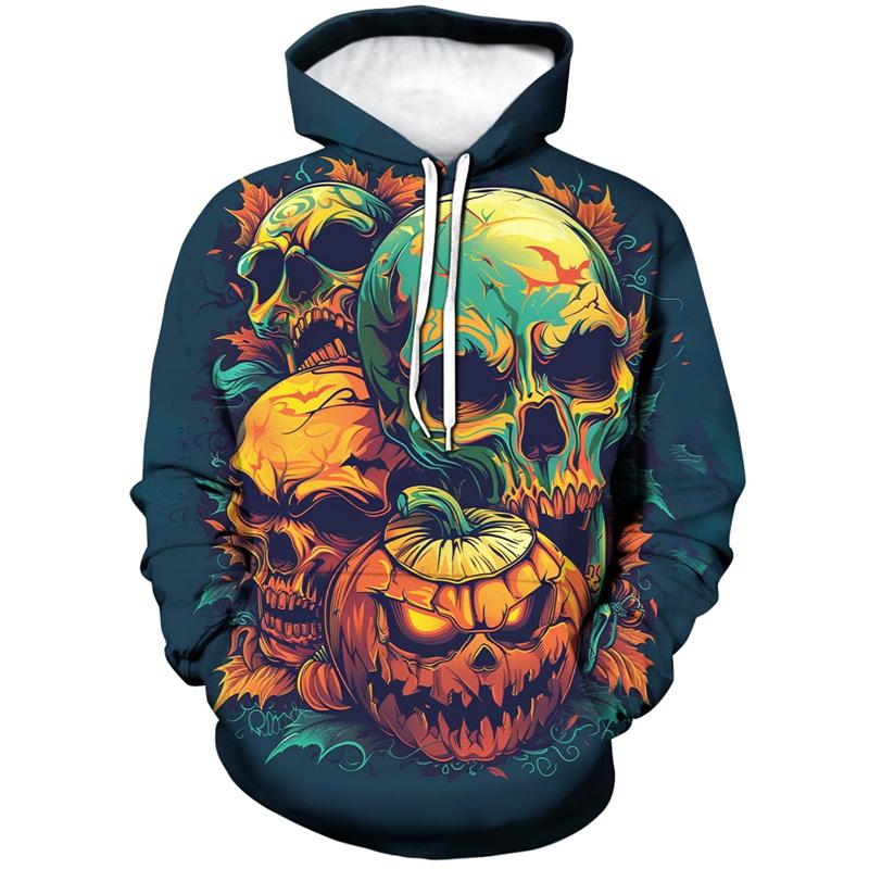 Novelty Halloween Pumpkin Graphic Hoodie Men 3D Printed Skull Sweatshirt Casual Long Sleeve Pullovers Tops Autumn Casual Hoodies