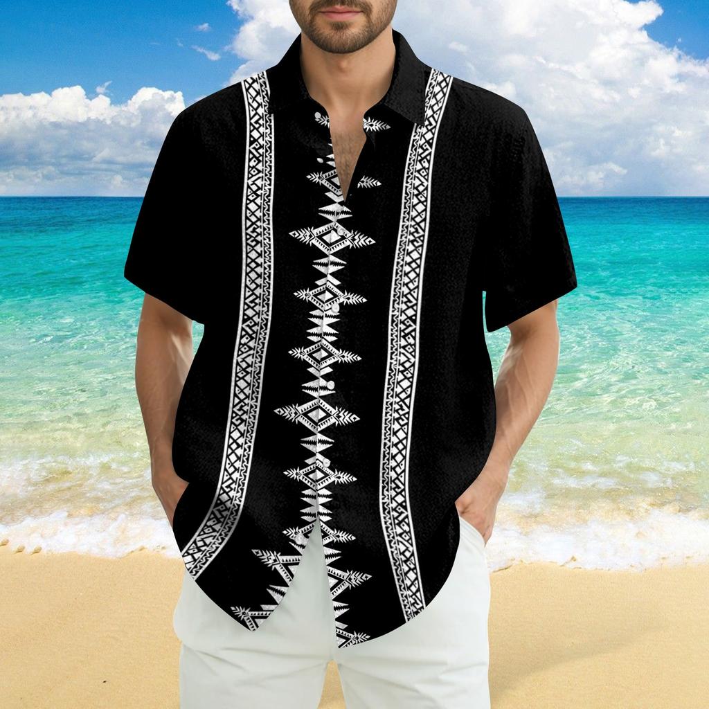 Men's Fashionable Casual Loose Striped Printed Beach Short-sleeved Shirt