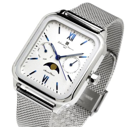 Salvatore Mara Watch Moon Phase Square Square Multi Calendar Business Formal Men's Stainless Steel Mesh Belt Limited Model Silver White SM24112-SSWHM
