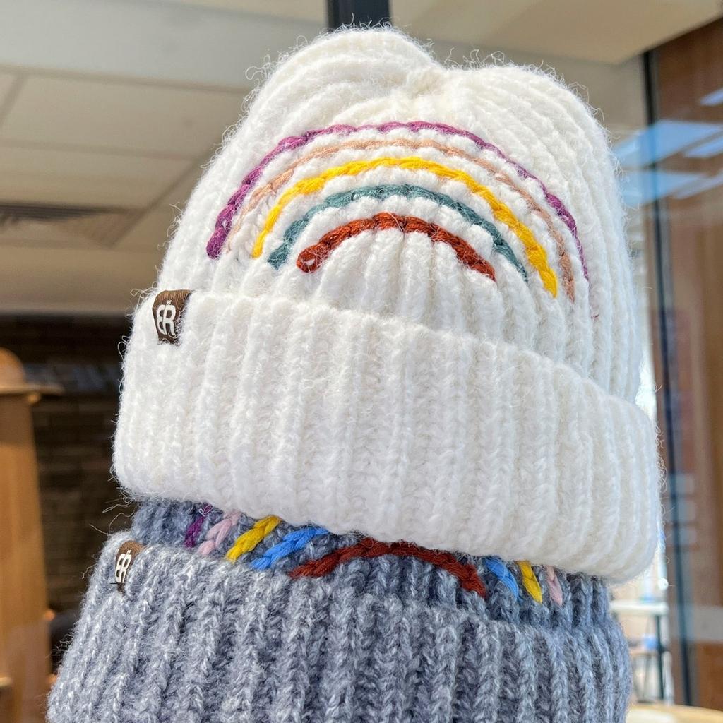 Regenbogenfarbene gestrickte Wollmütze für Damen für Herbst und Winter Vielseitige Ins Trendige Amerikanische Stil Kaltmütze