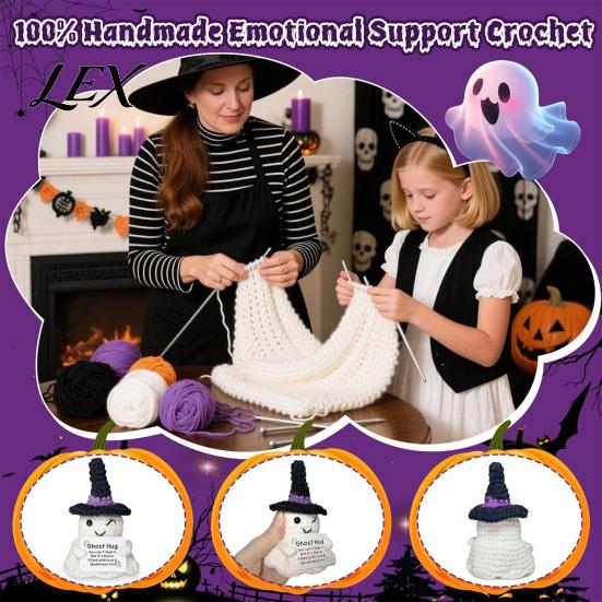 Adorable Holiday Party Favor Hand Knitted Halloween Ghost Ornament, Crochet Plush Doll with Tactile Comfort Sensory Toy Encouragement Card,