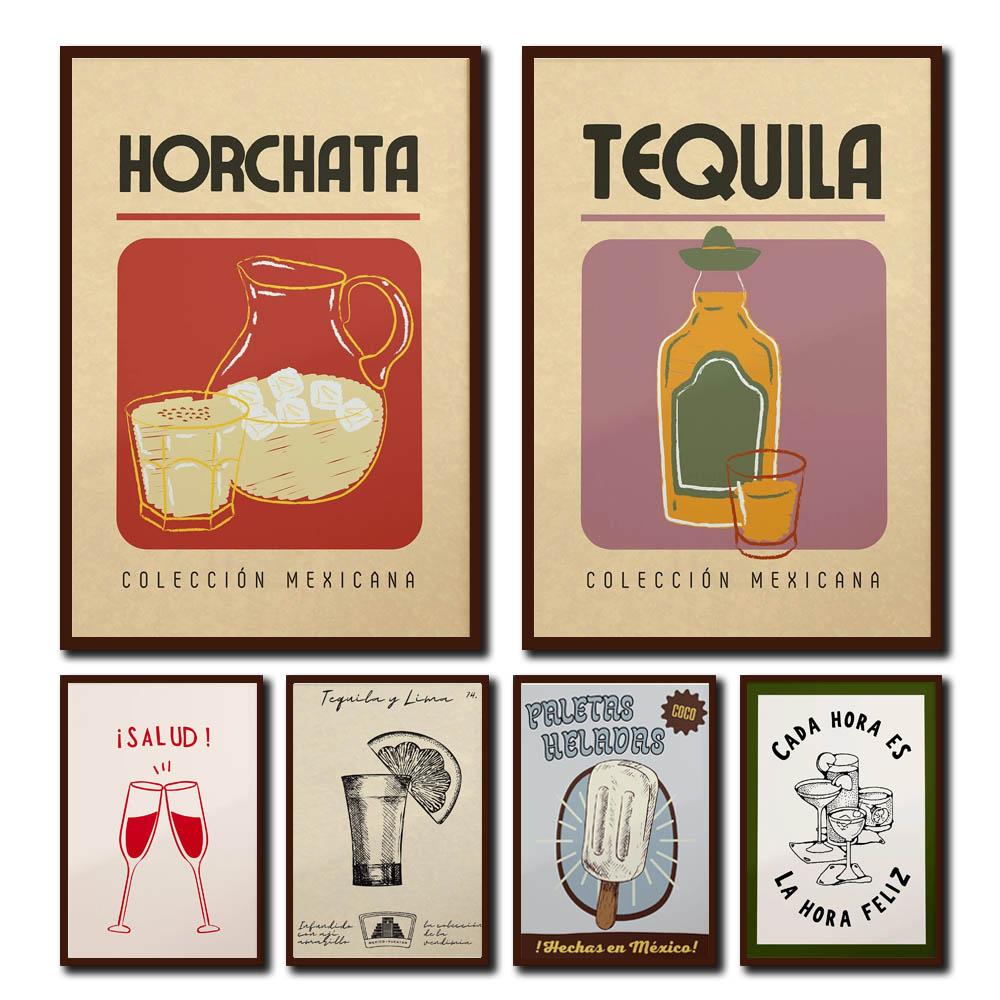 Meksykański Plakat Artystyczny Napoje i Lody Tequila Minimalistyczny Vintage Dekoracja Ścienna Druk na Płótnie Dekoracja Baru Domowego Idealny Prezent