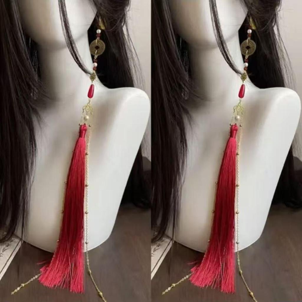 Mountain Ghost Flower Copper Coin Earrings with Tassels - Unisex Hanfu Style Ear Cuffs
