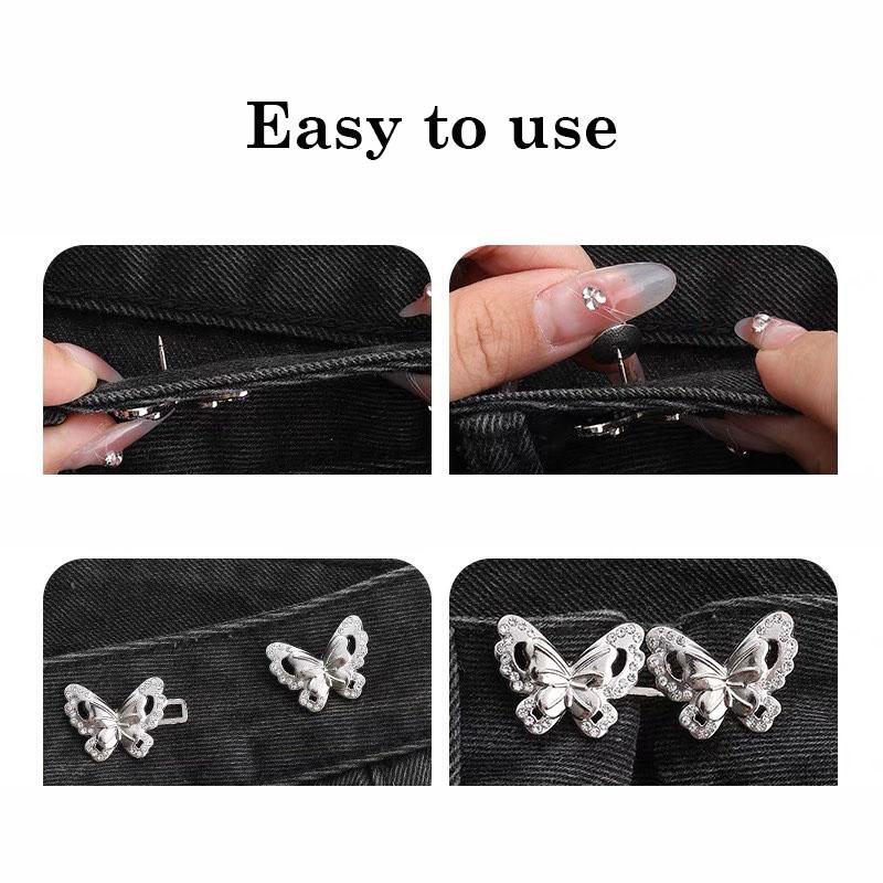 2Piece Jeans Waist Tightener Adjuster Kit, Effortless No Sew Tightening, Silver Adjustable Buttons Fit On Loose Jeans & Pants