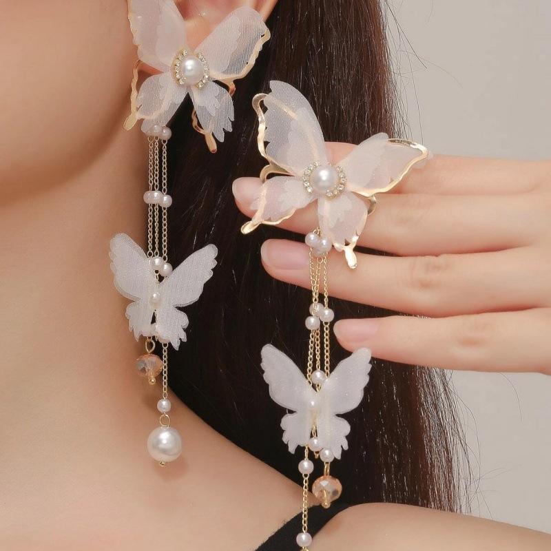 New Elegant Fairy Chiffon Buterfly Tassel Earrings For Women Fashion Imitation Pearl Dangle Drop Earrings Party Wedding Jewelry Gifts