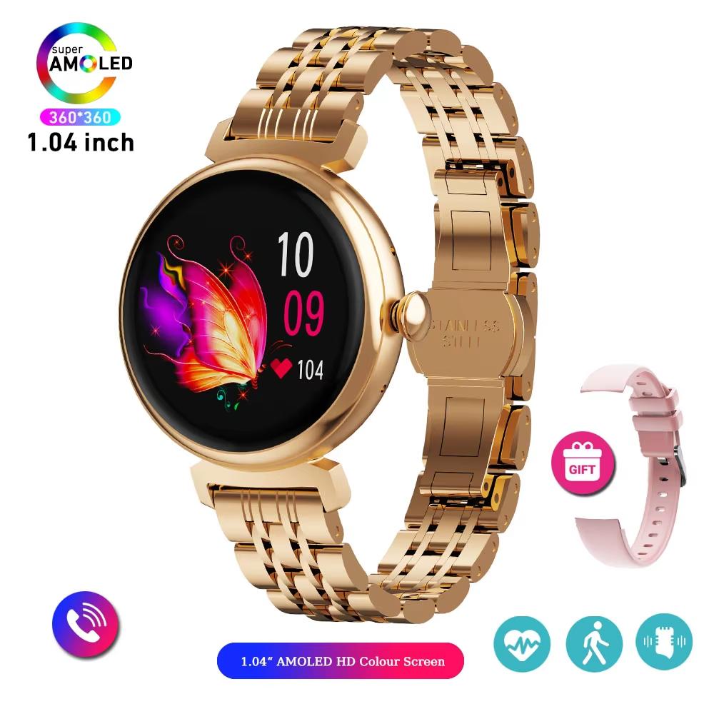 1,04-calowy ekran AMOLED Modny damski smartwatch Ekran zawsze włączony Połączenia Bluetooth Smartwatch Metalowa obudowa Zegarek z małym ekranem