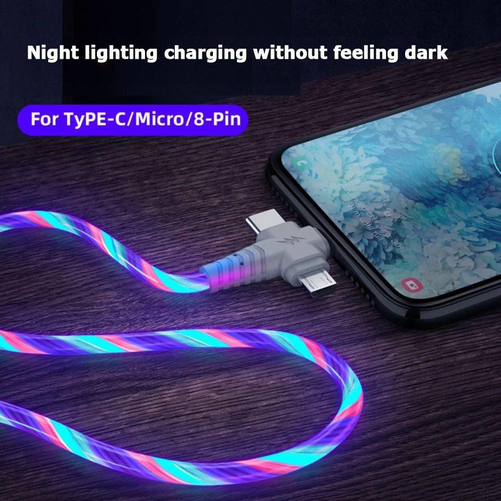 Cablu USB luminos 3 în 1, pentru smartphone Cablu de încărcare LED USB la mini USB/C-tip/cablu de încărcare rapidă cu 8 pini pentru iPhone pentru Samsung pentru XIAOMI ONEPLUS