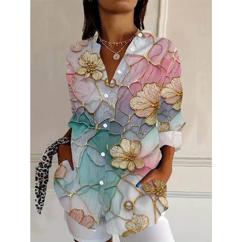 Spring and Autumn 3D Digital Print Women's Fashionable Collared Long Sleeve Casual Shirt