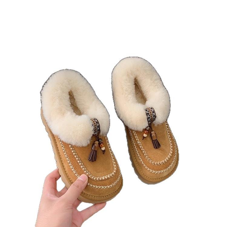 [Rindslederversion] Neue Version~ Handgenähte Dicksohlige Baotou Woll-Loafer Hausschuhe Damen Schneestiefel