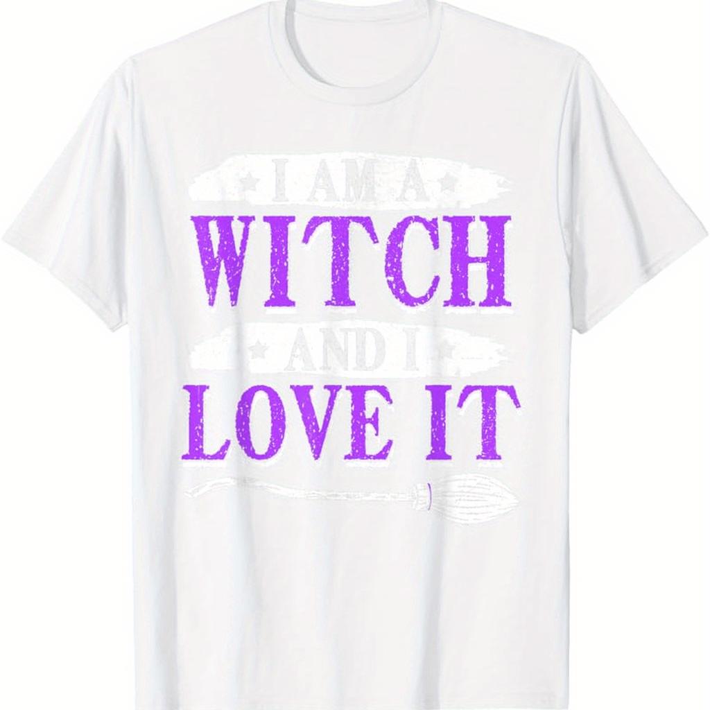 Męska Koszulka Halloweenowa Jestem Wiedźmą i Kocham To Czarna z Fioletowym i Białym Nadrukiem Krótki Rękaw Codzienna Okrągły Dekolt