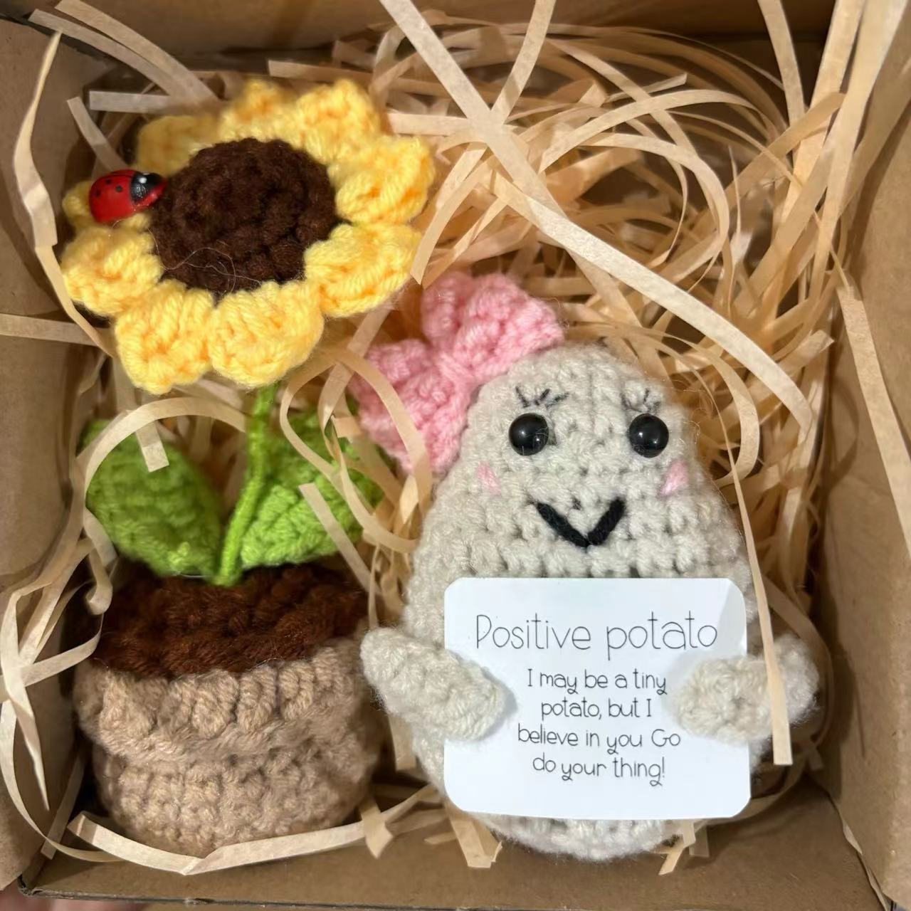 

Positive 2Pcs Energy Cucumber With Sunflower Pot Kit Home Room Decor Funny Handmade Knitted Potatoes Wool Doll Christmas Gifts