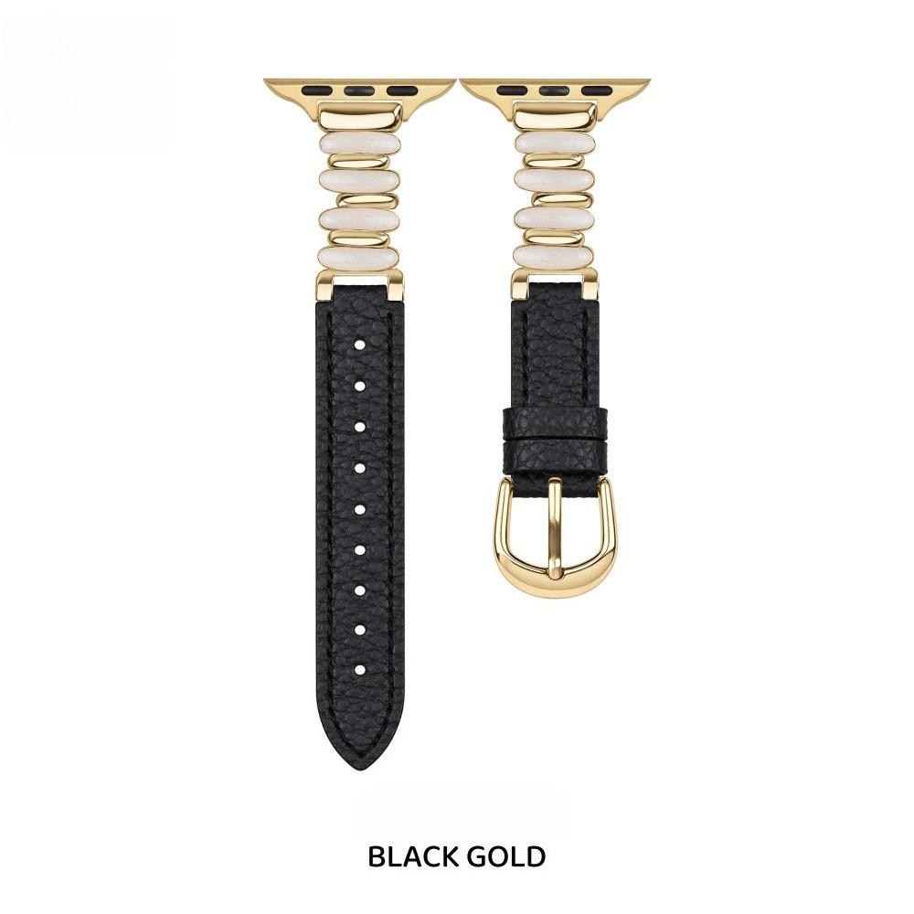 Women Luminous Moon White Beaded Lychee Grain Spliced Leather Slim Strap for Apple Watch Series12 11 10 SE1 2 3/Ultra4 3 2 38/42/44/45/49 mm