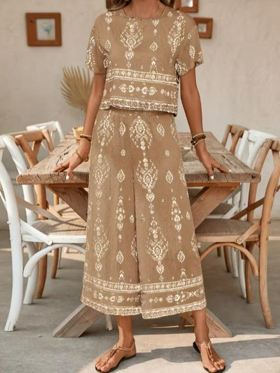 Elegant Color Block Ethnic Print Top & Straight Leg Pants Set for Women