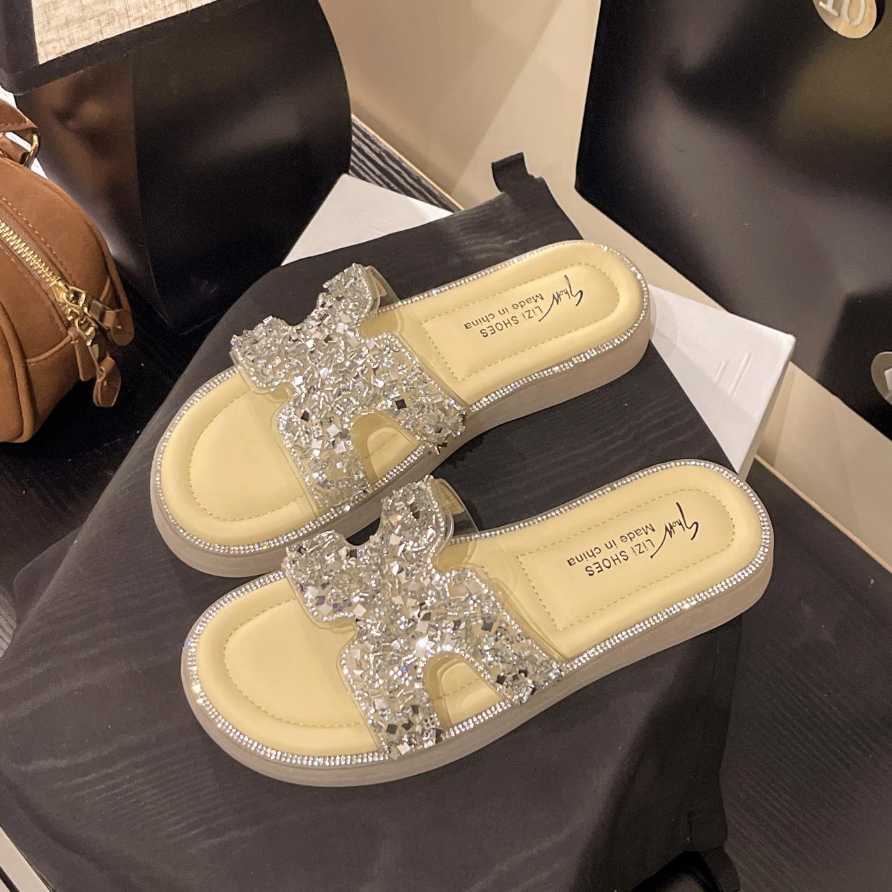 

Summer flat-bottomed slippers sweet one-word commuting will drag rhinestones thick-bottomed comfortable versatile summer fashion slippers 40 жёлтый